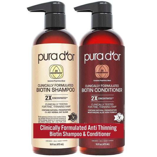PURA D'OR Biotin Shampoo & Conditioner Set – Klinisch formuliert gegen Haarausfall, 2x konzentriert, 16 oz x2