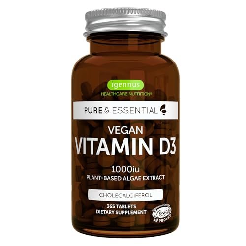 Igennus Natural Vegan Vitamin D3 1000IU – 365 Tabletten, 1-Jahresvorrat, 100% pflanzlich aus Algen, Clean Label, Nicht-GMO, für Immunsystem, Knochen & Zähne