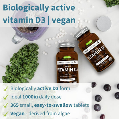 Igennus Natural Vegan Vitamin D3 1000IU – 365 Tabletten, 1-Jahresvorrat, 100% pflanzlich aus Algen, Clean Label, Nicht-GMO, für Immunsystem, Knochen & Zähne