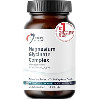 Designs for Health Magnesium Glycinat Komplex – Hochabsorbierender, patentierter Magnesiumkomplex – Fördert ruhigen Schlaf, Energie, Knochen- und Herzgesundheit sowie Immununterstützung – Vegan, glutenfrei (60 Kapseln)
