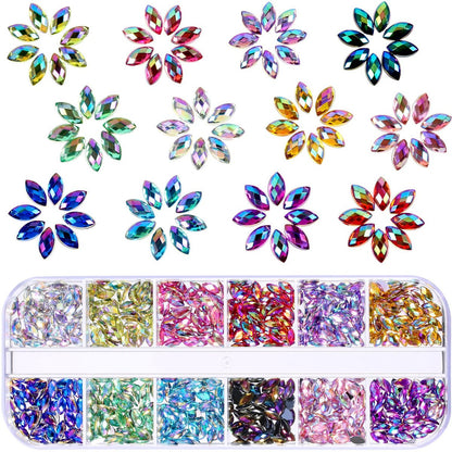 TecUnite 1200 Teile 12 Farben Glitzernde Nagelrhinsteine Pferdeaugen-Rhinsteine Flachrücken-Edelsteine Dekorationen mit Box Gesichts-Edelstein-Schmuck für Halloween-Party-Dekorationen Basteln (12 Farben)