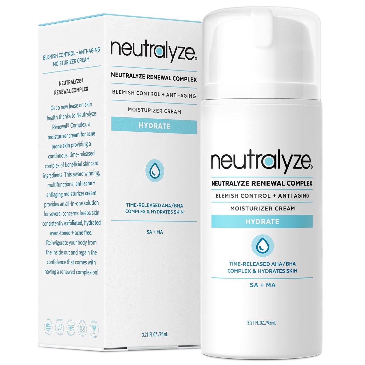 Neutralyze Renewal Complex Akne Feuchtigkeitscreme für das Gesicht - Maximale Stärke, zeitverzögerte 2% Mandelsäure & 2% Salicylsäure Akne Behandlung Creme - Geeignet für alle Hauttypen, Jugendliche & Erwachsene