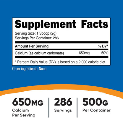 Nutricost Calcium Carbonat Pulver 500 g – Reines Calcium für Knochen & Zähne