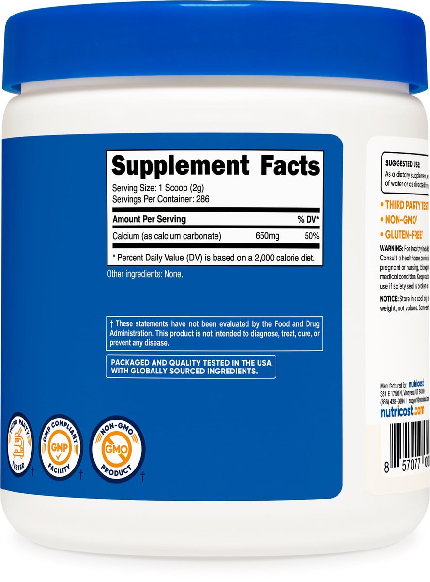 Nutricost Calcium Carbonat Pulver 500 g – Reines Calcium für Knochen & Zähne