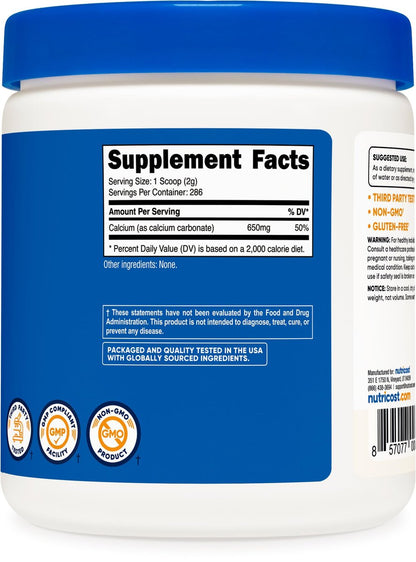 Nutricost Calcium Carbonat Pulver 500 g – Reines Calcium für Knochen & Zähne