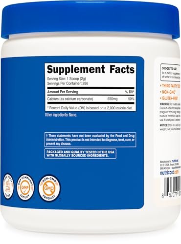 Nutricost Calcium Carbonat Pulver 500 g – Reines Calcium für Knochen & Zähne