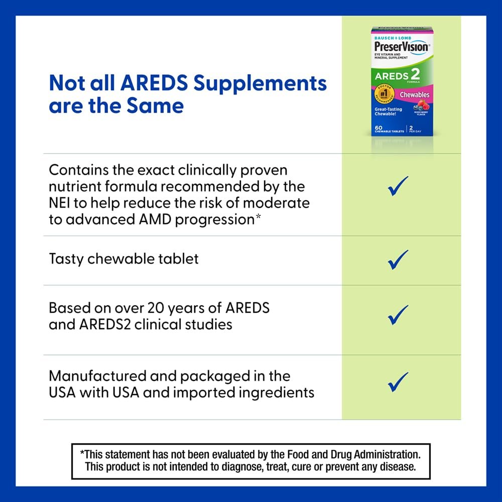 PreserVision AREDS 2 Augenvitamine, von Augenärzten empfohlen, Kaubare Luthein- und Zeaxanthin-Tabletten mit Vitamin C, Vitamin E, Zink und Kupfer, gemischte Beeren, 70 Tabletten