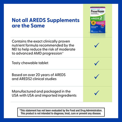 PreserVision AREDS 2 Augenvitamine, von Augenärzten empfohlen, Kaubare Luthein- und Zeaxanthin-Tabletten mit Vitamin C, Vitamin E, Zink und Kupfer, gemischte Beeren, 70 Tabletten