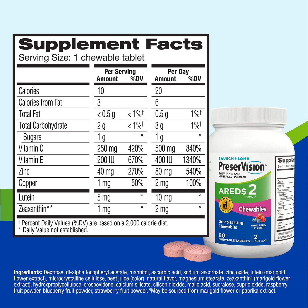 PreserVision AREDS 2 Augenvitamine – Lutin & Zeaxanthin Kautabletten mit Vitamin C, E, Zink & Kupfer, gemischte Beere, 60 Tabletten