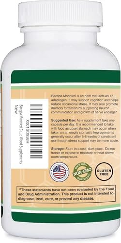 Bacopa Monnieri Kapseln 20% Bacoside 450mg, 90 Stück (Non-GMO, Glutenfrei) Brahmi-Extrakt – Gedächtnisergänzung für Gehirngesundheit, Fokus und kognitive Funktion von Double Wood