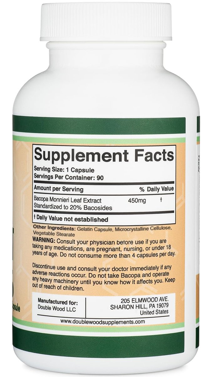 Bacopa Monnieri Kapseln 20% Bacoside 450mg, 90 Stück (Non-GMO, Glutenfrei) Brahmi-Extrakt – Gedächtnisergänzung für Gehirngesundheit, Fokus und kognitive Funktion von Double Wood