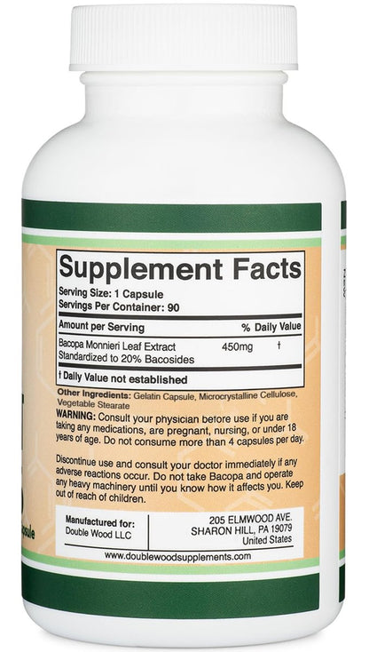 Bacopa Monnieri Kapseln 20% Bacoside 450mg, 90 Stück (Non-GMO, Glutenfrei) Brahmi-Extrakt – Gedächtnisergänzung für Gehirngesundheit, Fokus und kognitive Funktion von Double Wood