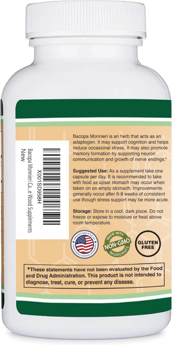 Bacopa Monnieri Kapseln 20% Bacoside 450mg, 90 Stück (Non-GMO, Glutenfrei) Brahmi-Extrakt – Gedächtnisergänzung für Gehirngesundheit, Fokus und kognitive Funktion von Double Wood