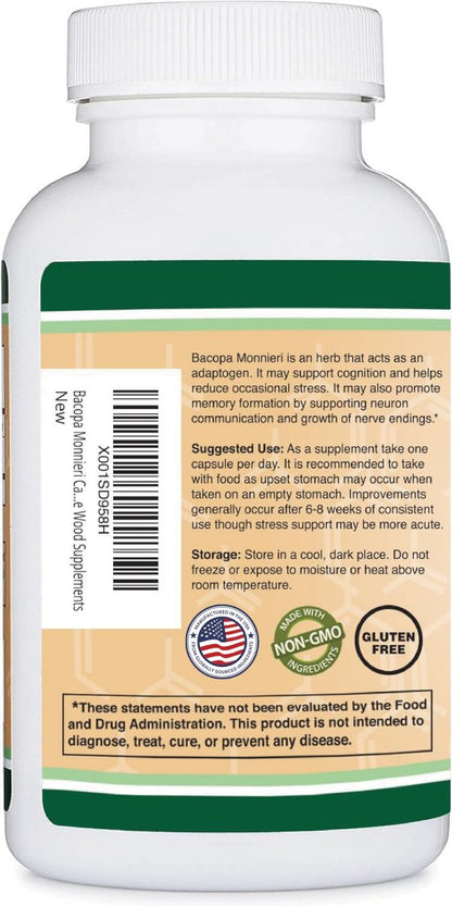 Bacopa Monnieri Kapseln 20% Bacoside 450mg, 90 Stück (Non-GMO, Glutenfrei) Brahmi-Extrakt – Gedächtnisergänzung für Gehirngesundheit, Fokus und kognitive Funktion von Double Wood