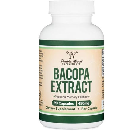 Bacopa Monnieri Kapseln 20% Bacoside 450mg, 90 Stück (Non-GMO, Glutenfrei) Brahmi-Extrakt – Gedächtnisergänzung für Gehirngesundheit, Fokus und kognitive Funktion von Double Wood