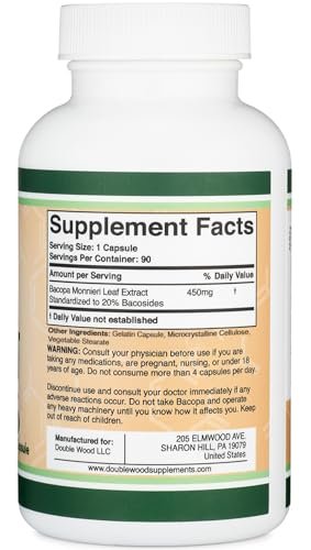 Bacopa Monnieri Kapseln 20% Bacoside 450mg, 90 Stück (Non-GMO, Glutenfrei) Brahmi-Extrakt – Gedächtnisergänzung für Gehirngesundheit, Fokus und kognitive Funktion von Double Wood