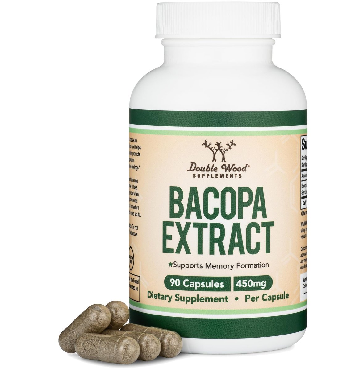 Bacopa Monnieri Kapseln 20% Bacoside 450mg, 90 Stück (Non-GMO, Glutenfrei) Brahmi-Extrakt – Gedächtnisergänzung für Gehirngesundheit, Fokus und kognitive Funktion von Double Wood