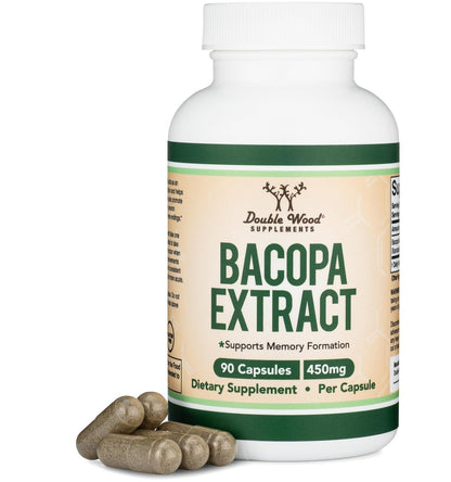 Bacopa Monnieri Kapseln 20% Bacoside 450mg, 90 Stück (Non-GMO, Glutenfrei) Brahmi-Extrakt – Gedächtnisergänzung für Gehirngesundheit, Fokus und kognitive Funktion von Double Wood