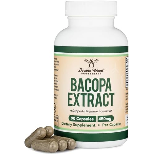 Bacopa Monnieri Kapseln 20% Bacoside 450mg, 90 Stück (Non-GMO, Glutenfrei) Brahmi-Extrakt – Gedächtnisergänzung für Gehirngesundheit, Fokus und kognitive Funktion von Double Wood