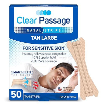 Clear Passage Nasenstreifen Groß, Beige, 50 Stück | Wirkt sofort zur Verbesserung des Schlafs, Reduzierung von Schnarchen & Linderung von Nasenverstopfung durch Erkältungen & Allergien