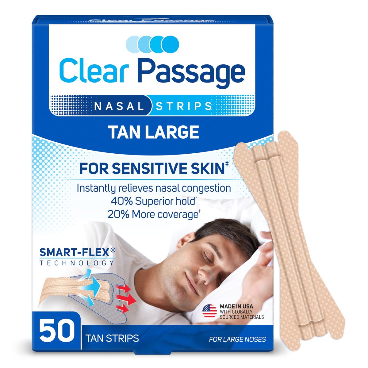 Clear Passage Nasenstreifen Groß, Beige, 50 Stück | Wirkt sofort zur Verbesserung des Schlafs, Reduzierung von Schnarchen & Linderung von Nasenverstopfung durch Erkältungen & Allergien