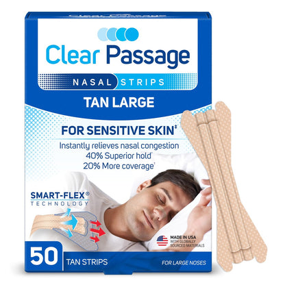 Clear Passage Nasenstreifen Groß, Beige, 50 Stück | Wirkt sofort zur Verbesserung des Schlafs, Reduzierung von Schnarchen & Linderung von Nasenverstopfung durch Erkältungen & Allergien
