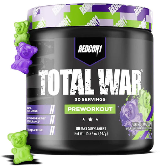 REDCON1 Total War Pre Workout, Saurer Gummibär - Schnell wirkendes koffeinhaltiges Preworkout für Männer + Frauen mit Beta-Alanin - Enthält Citrullinmalat für erhöhte Pumpe und Durchblutung (30 Portionen)