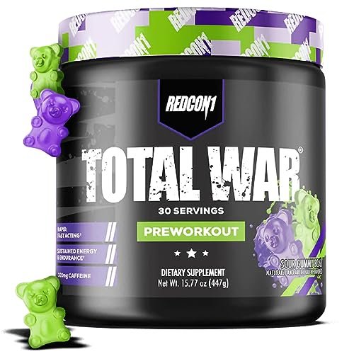 REDCON1 Total War Pre Workout, Saurer Gummibär - Schnell wirkendes koffeinhaltiges Preworkout für Männer + Frauen mit Beta-Alanin - Enthält Citrullinmalat für erhöhte Pumpe und Durchblutung (30 Portionen)