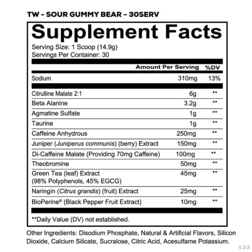 REDCON1 Total War Pre Workout, Saurer Gummibär - Schnell wirkendes koffeinhaltiges Preworkout für Männer + Frauen mit Beta-Alanin - Enthält Citrullinmalat für erhöhte Pumpe und Durchblutung (30 Portionen)