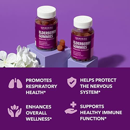 Sambucus Holunderbeeren Gummies für Erwachsene - Immununterstützung mit Vitamin C und Zink - Tägliche Abwehrkräfte - 60 Stück, 1 Monatsvorrat, Beerengeschmack - Praktisches Wellness