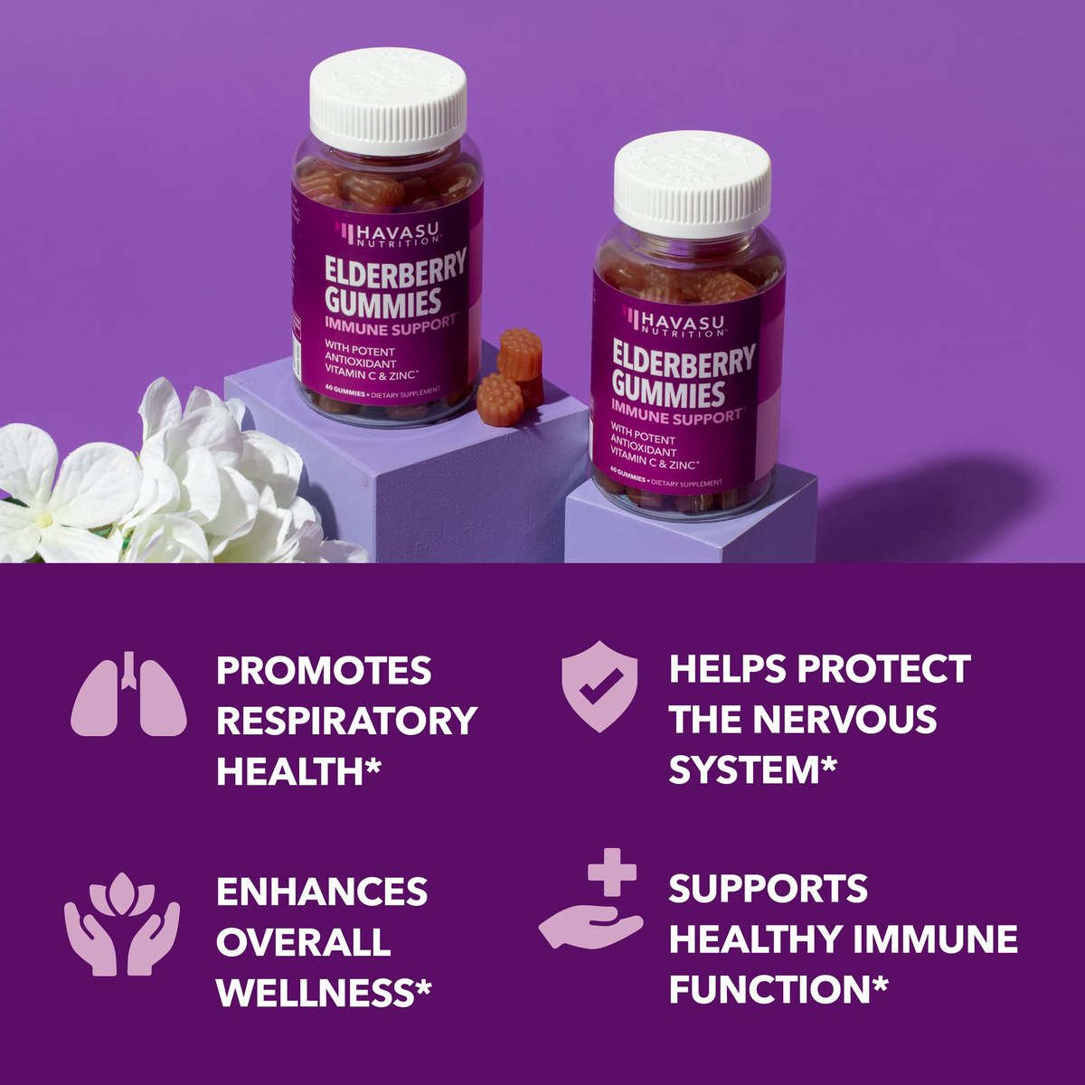 Sambucus Holunderbeeren Gummies für Erwachsene - Immununterstützung mit Vitamin C und Zink - Tägliche Abwehrkräfte - 60 Stück, 1 Monatsvorrat, Beerengeschmack - Praktisches Wellness