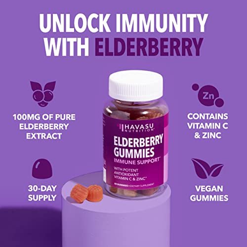 Sambucus Holunderbeeren Gummies für Erwachsene - Immununterstützung mit Vitamin C und Zink - Tägliche Abwehrkräfte - 60 Stück, 1 Monatsvorrat, Beerengeschmack - Praktisches Wellness