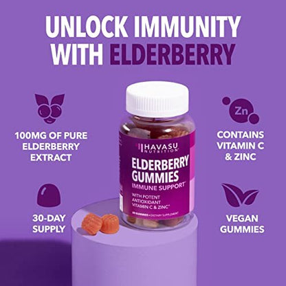 Sambucus Holunderbeeren Gummies für Erwachsene - Immununterstützung mit Vitamin C und Zink - Tägliche Abwehrkräfte - 60 Stück, 1 Monatsvorrat, Beerengeschmack - Praktisches Wellness