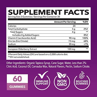 Sambucus Holunderbeeren Gummies für Erwachsene - Immununterstützung mit Vitamin C und Zink - Tägliche Abwehrkräfte - 60 Stück, 1 Monatsvorrat, Beerengeschmack - Praktisches Wellness