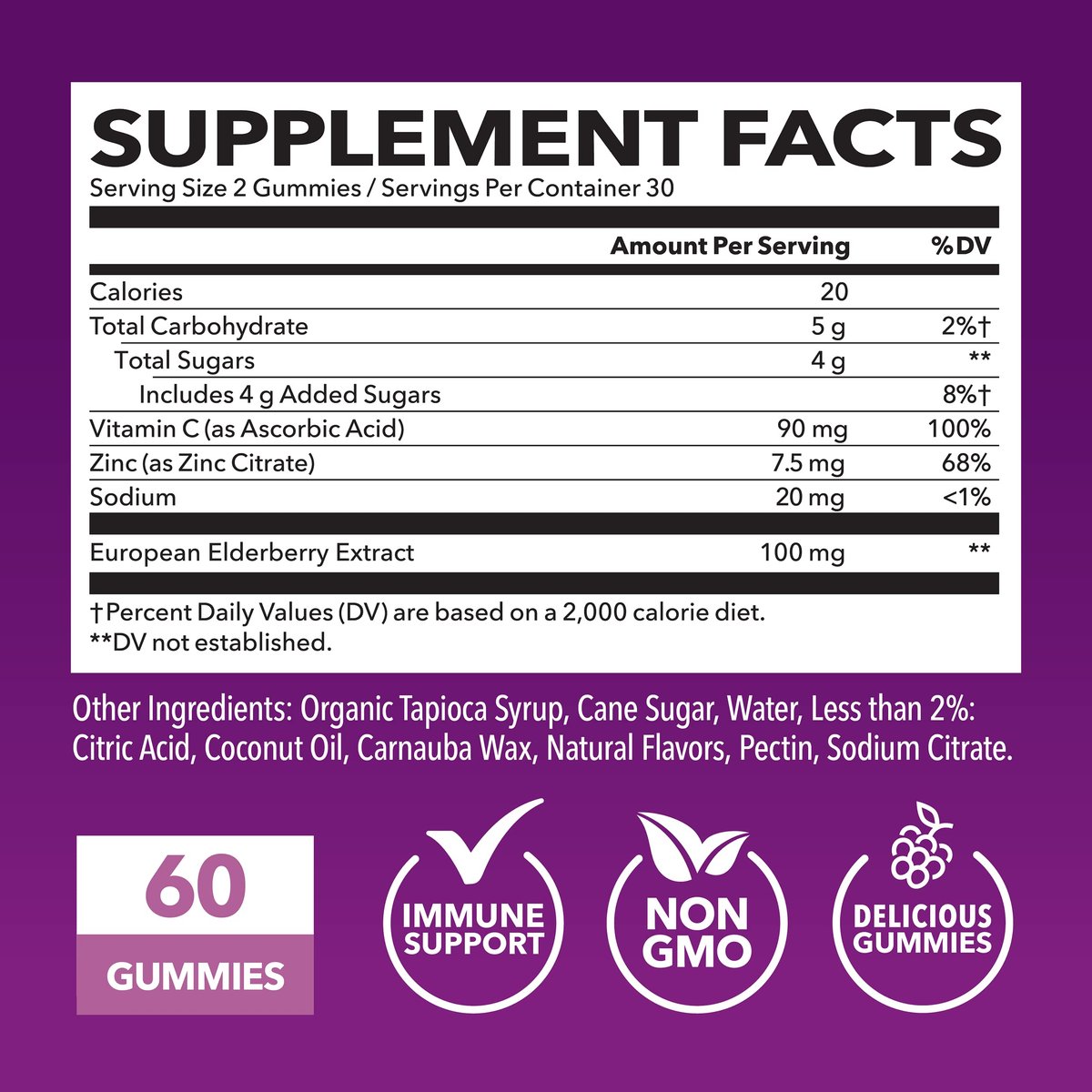 Sambucus Holunderbeeren Gummies für Erwachsene - Immununterstützung mit Vitamin C und Zink - Tägliche Abwehrkräfte - 60 Stück, 1 Monatsvorrat, Beerengeschmack - Praktisches Wellness
