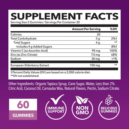 Sambucus Holunderbeeren Gummies für Erwachsene - Immununterstützung mit Vitamin C und Zink - Tägliche Abwehrkräfte - 60 Stück, 1 Monatsvorrat, Beerengeschmack - Praktisches Wellness