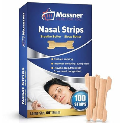MASSNER Nasenpflaster für bessere Atmung, Große Atemstreifen für Schlafen, Schnarchen Unterstützung, Verstopfte Nase und Stauung Linderung - Bessere nächtliche Luftzirkulation, 100 Nasenpflaster