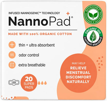NannoPad Bio Binden für Frauen – 100% Bio-Baumwolle, Nachtbinden mit Flügeln, Hohe Saugfähigkeit (180 ml), Bequem & Ultradünn – Ohne Duftstoffe, Geruchskontrolle, Atmungsaktiv – Super (1 Packung, 20 Stück)
