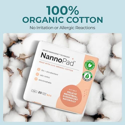 NannoPad Bio Binden für Frauen – 100% Bio-Baumwolle, Nachtbinden mit Flügeln, Hohe Saugfähigkeit (180 ml), Bequem & Ultradünn – Ohne Duftstoffe, Geruchskontrolle, Atmungsaktiv – Super (1 Packung, 20 Stück)