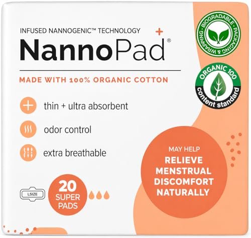NannoPad Bio Binden für Frauen – 100% Bio-Baumwolle, Nachtbinden mit Flügeln, Hohe Saugfähigkeit (180 ml), Bequem & Ultradünn – Ohne Duftstoffe, Geruchskontrolle, Atmungsaktiv – Super (1 Packung, 20 Stück)