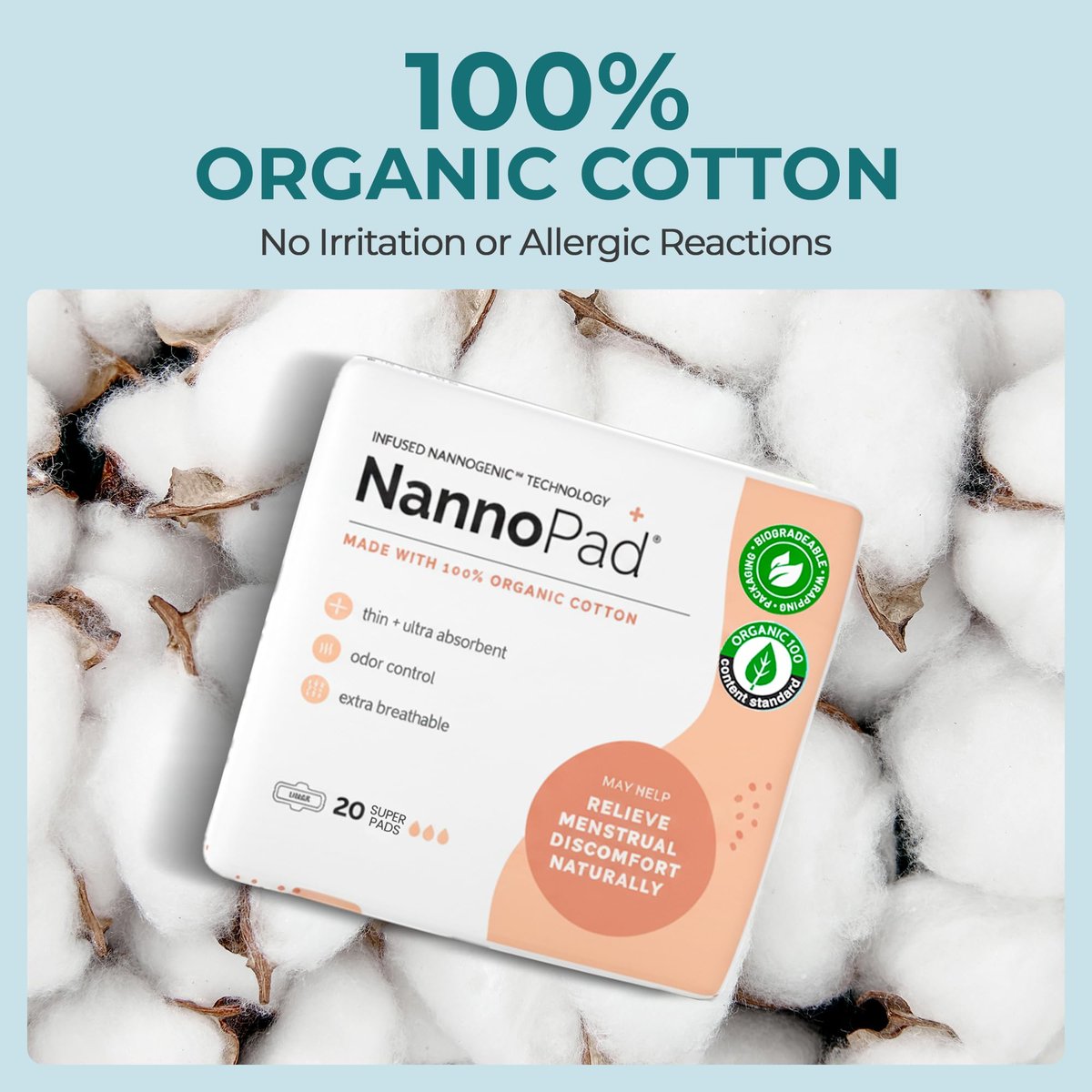 NannoPad Bio Binden für Frauen – 100% Bio-Baumwolle, Nachtbinden mit Flügeln, Hohe Saugfähigkeit (180 ml), Bequem & Ultradünn – Ohne Duftstoffe, Geruchskontrolle, Atmungsaktiv – Super (1 Packung, 20 Stück)