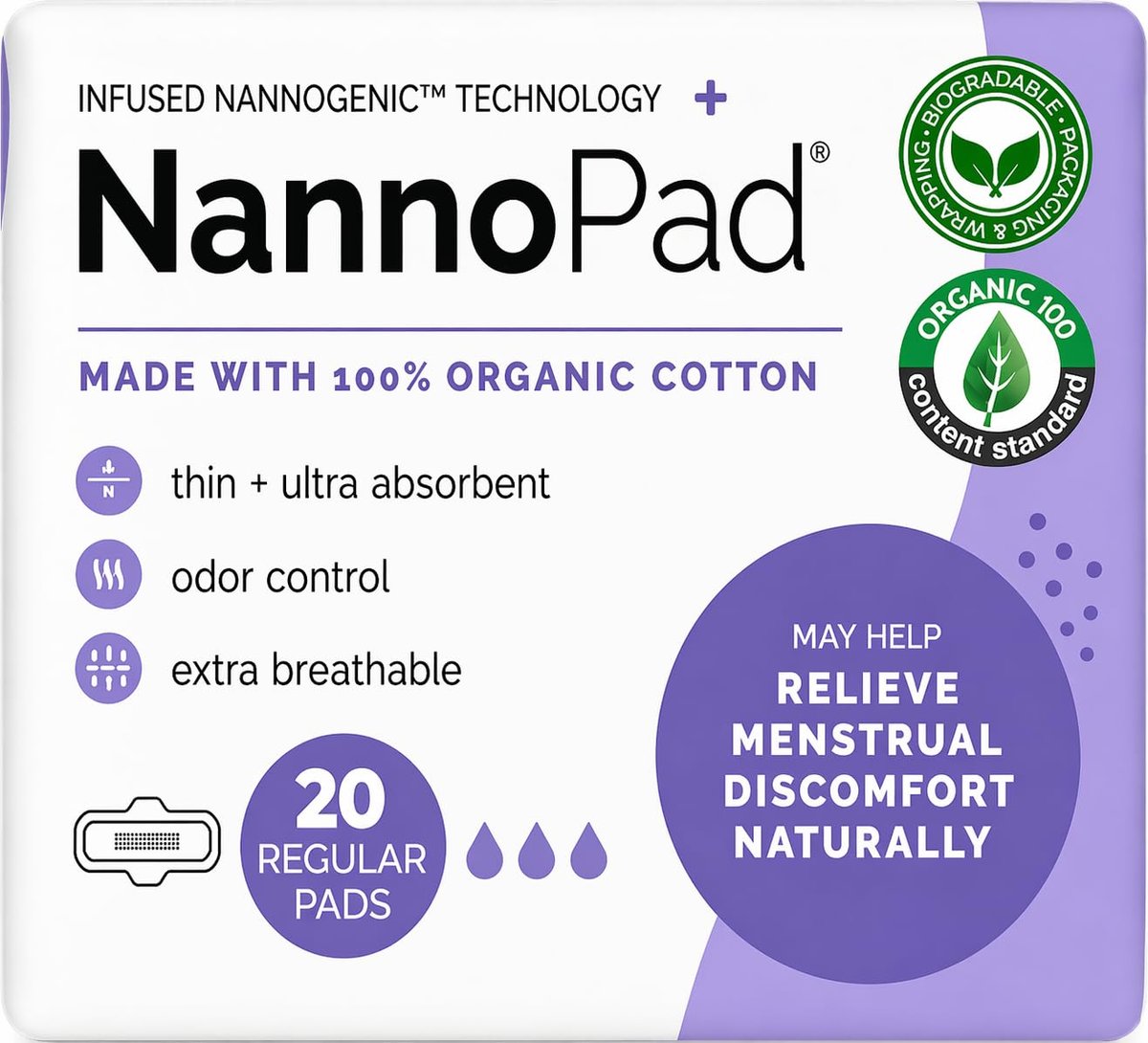 NannoPad Bio-Binden für Frauen – 100 % Bio-Baumwollbinden mit Flügeln – Hohe Saugfähigkeit 130 ml, bequem & hauchdünn – ohne Duftstoffe, geruchsneutralisierend, atmungsaktiv – Regular (1 Packung, 20 Stück)