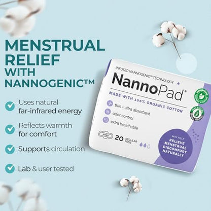 NannoPad Bio-Binden für Frauen – 100 % Bio-Baumwollbinden mit Flügeln – Hohe Saugfähigkeit 130 ml, bequem & hauchdünn – ohne Duftstoffe, geruchsneutralisierend, atmungsaktiv – Regular (1 Packung, 20 Stück)