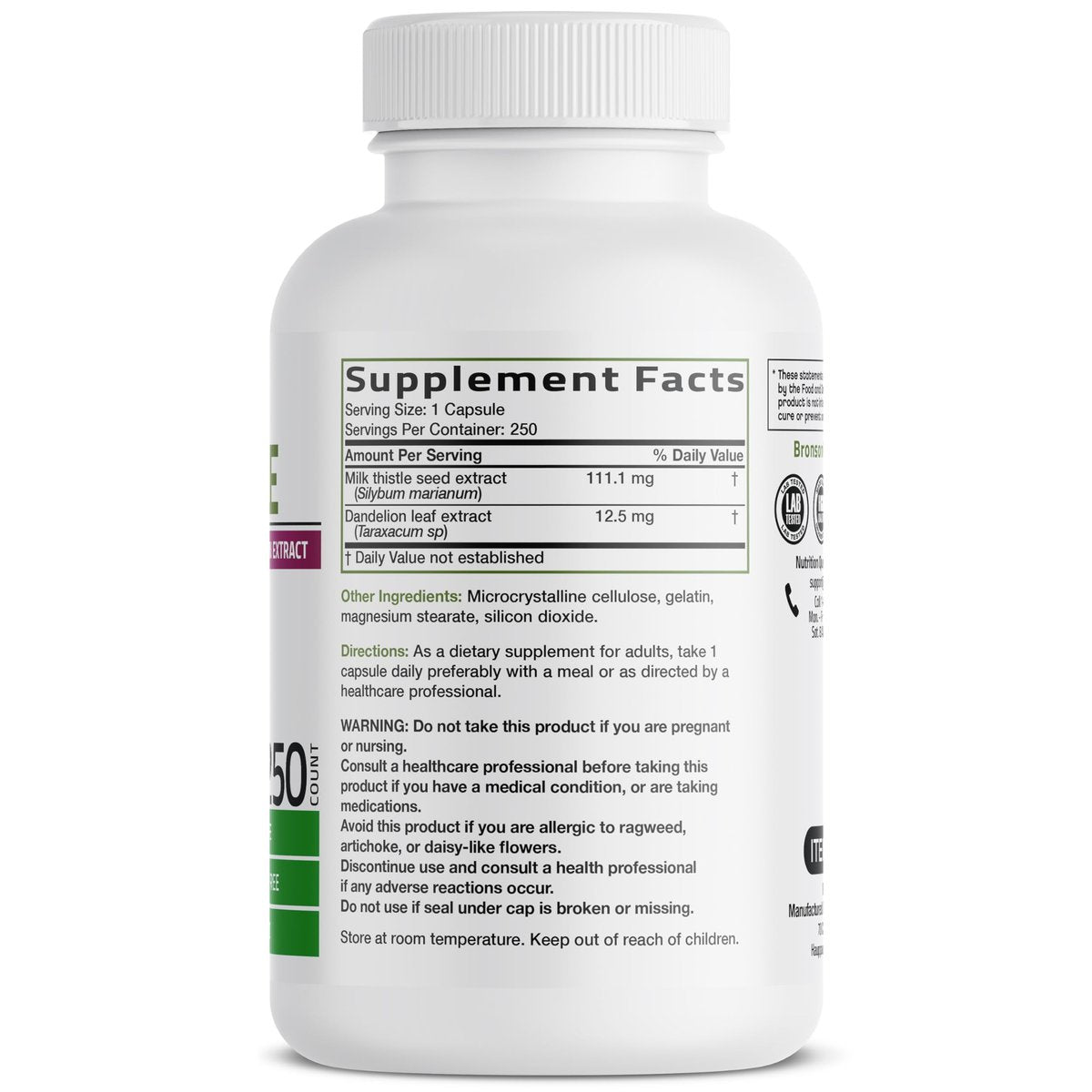 Bronson Mariendistel Silymarin & Löwenzahn Extrakt – Leberunterstützung, Antioxidantien, Entgiftung, 250 Kapseln