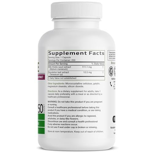 Bronson Mariendistel Silymarin & Löwenzahn Extrakt – Leberunterstützung, Antioxidantien, Entgiftung, 250 Kapseln