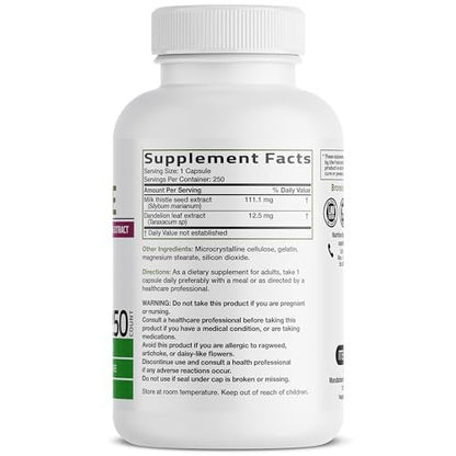 Bronson Mariendistel Silymarin & Löwenzahn Extrakt – Leberunterstützung, Antioxidantien, Entgiftung, 250 Kapseln