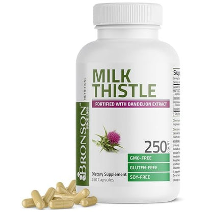 Bronson Mariendistel Silymarin & Löwenzahn Extrakt – Leberunterstützung, Antioxidantien, Entgiftung, 250 Kapseln