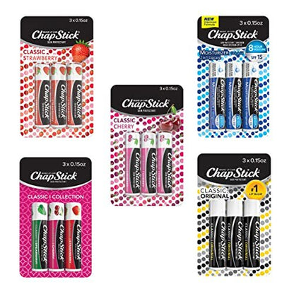 ChapStick Classic Collection Lippenbalsam-Sticks im Set - 5 Packungen à 3 Sticks (0,45 Unzen) - Erdbeer, Kirsche, Pfefferminz, Classic