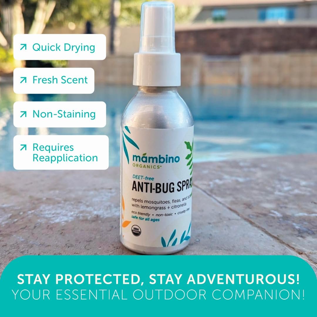 Mambino Organics Anti-Bug Spray – DEET-freier, organischer Mückenschutz mit ätherischen Ölen, riffsicher, gesichtssicherer Schutz für Babys, Kinder und Erwachsene, 80 ml