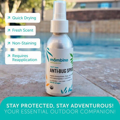 Mambino Organics Anti-Bug Spray – DEET-freier, organischer Mückenschutz mit ätherischen Ölen, riffsicher, gesichtssicherer Schutz für Babys, Kinder und Erwachsene, 80 ml